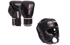 Боксерський набор MaxxMMA Перчатки для бокса GBH01 12униций и шлем для бокса MaxxMMA GB01s L-XL черный