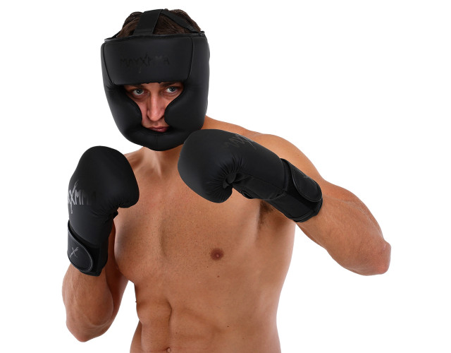 Боксерський набор MaxxMMA Перчатки боксерские  GB10 12унций + Шлем для бокса MaxxMMA GBH03 L черный